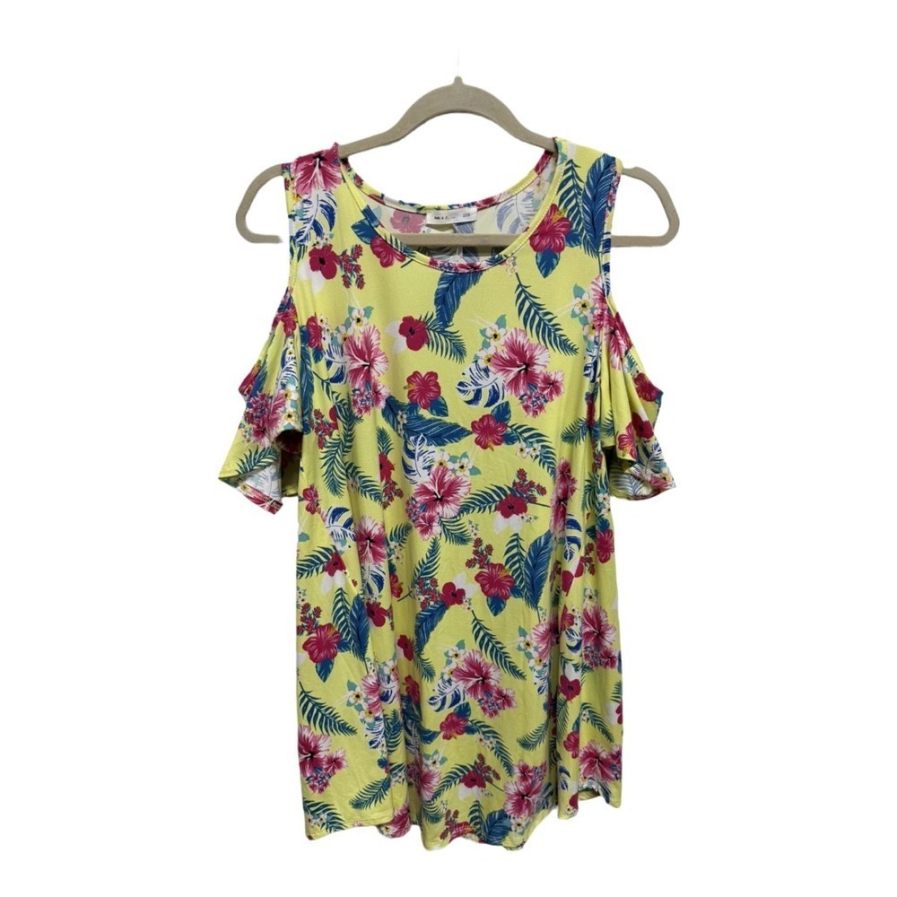 Hawaiian cold shoulder anti wrinkle yellow floral vacation size large reb & j